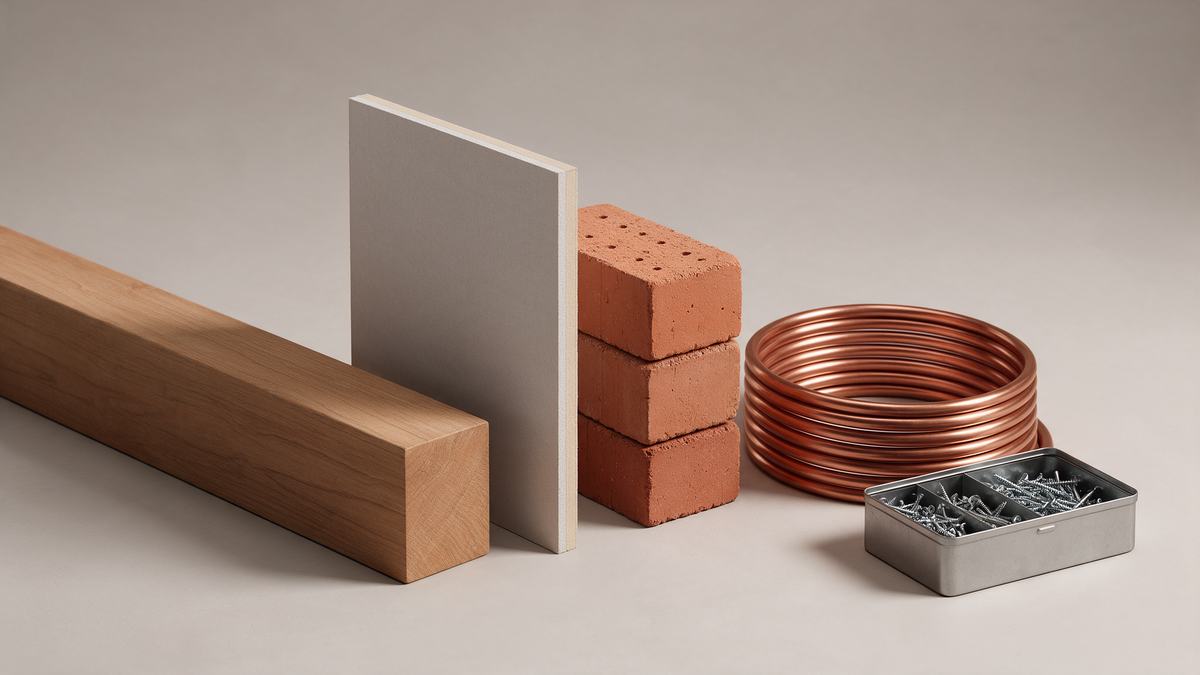Timber, plasterboard, bricks, copper pipe and screws photographed on grey
