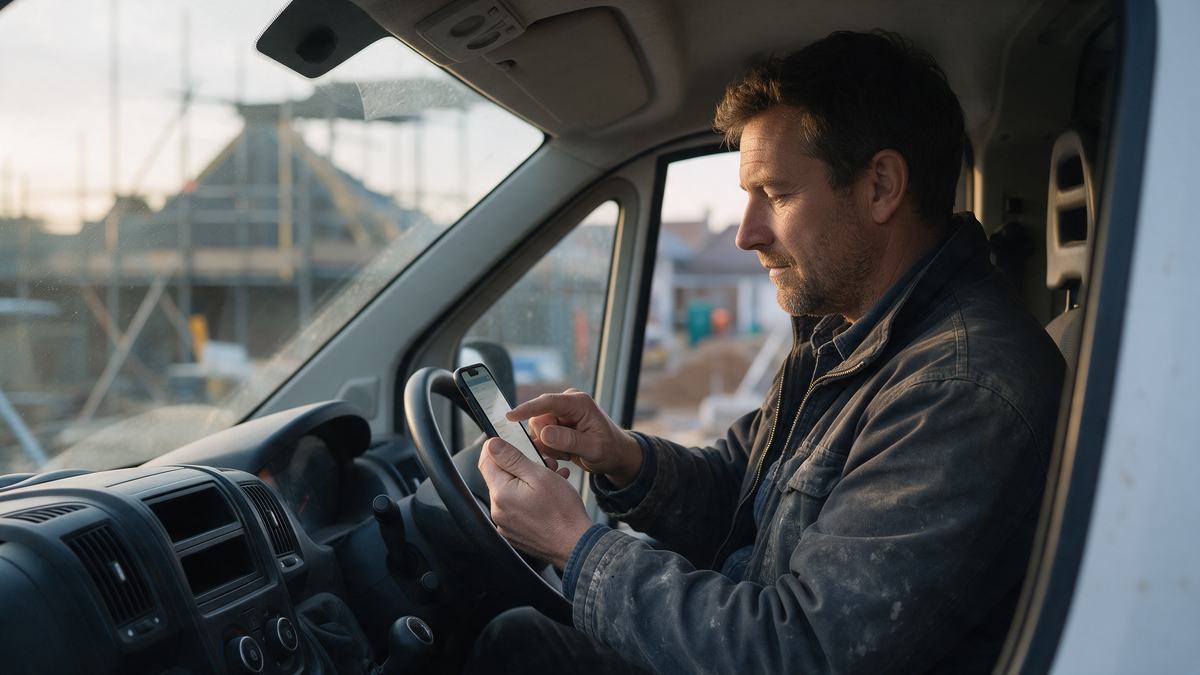A tradesperson in a van reordering on a phone