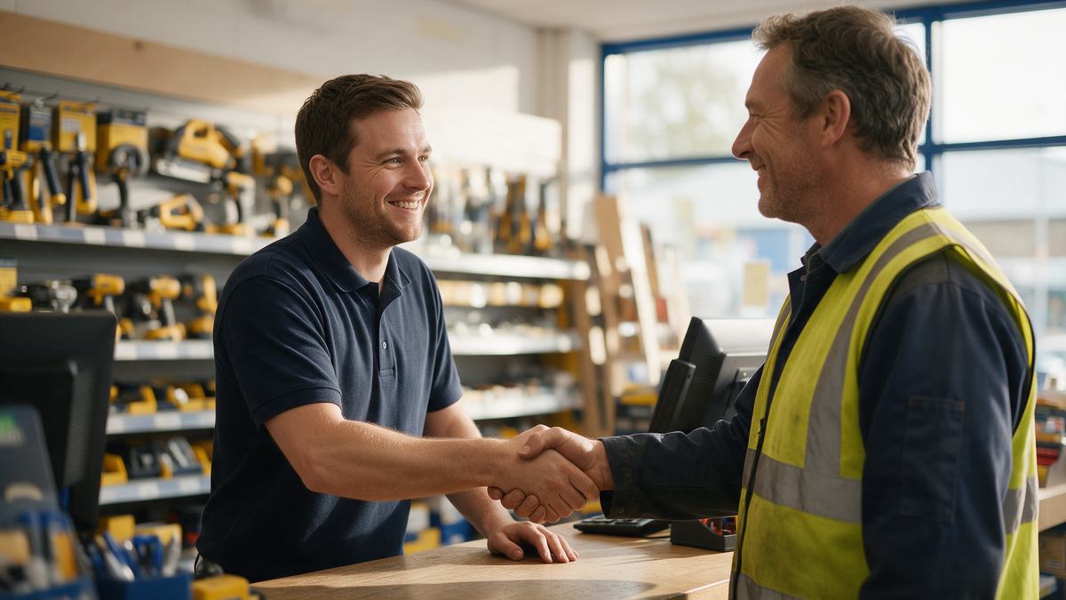 Counter staff shaking hands with a regular trade customer