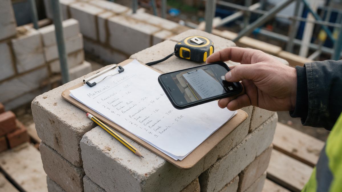 A phone photographing a handwritten materials list on a clipboard