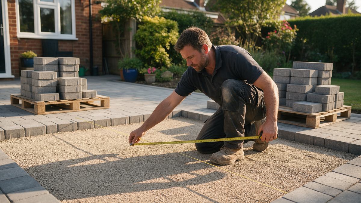 A landscaper measuring a driveway for block paving